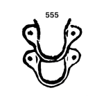 Abstract black line drawing of a U-shaped dental arch with four hooks and circular openings, labeled 555 above the diagram by the top center edge.